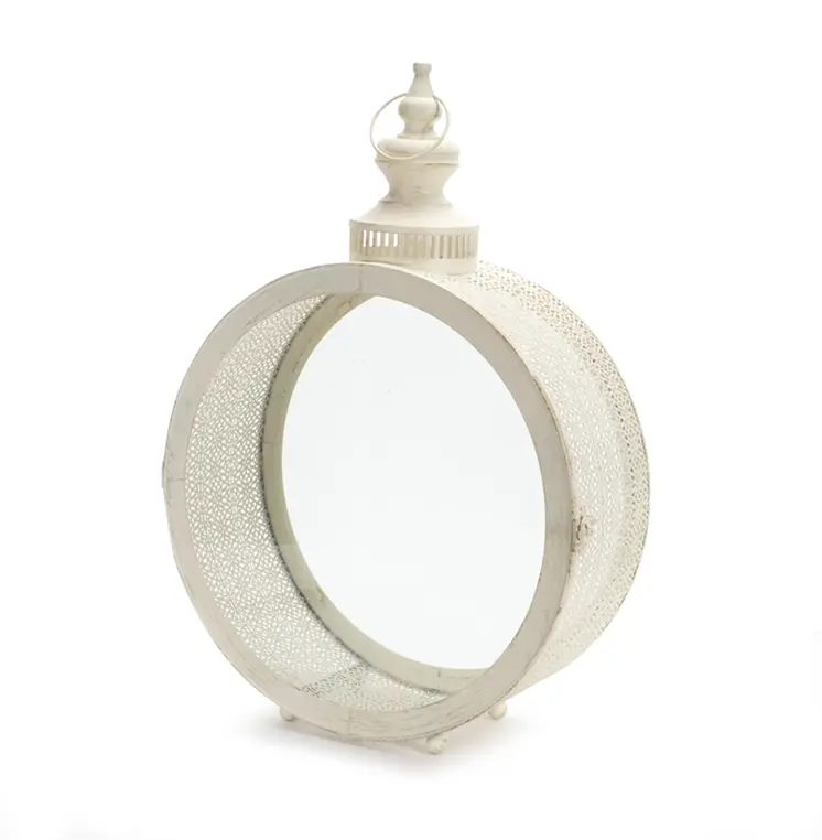 22" Ivory Distressed Ornate Glass And Metal Centerpiece Lantern Candle Holder