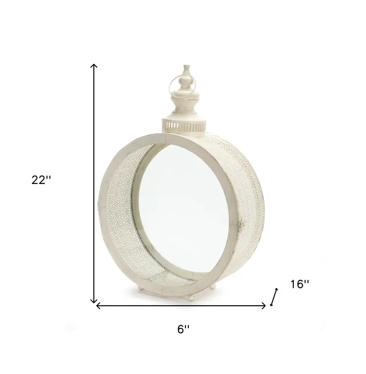 22" Ivory Distressed Ornate Glass And Metal Centerpiece Lantern Candle Holder