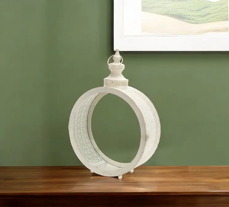 22" Ivory Distressed Ornate Glass And Metal Centerpiece Lantern Candle Holder