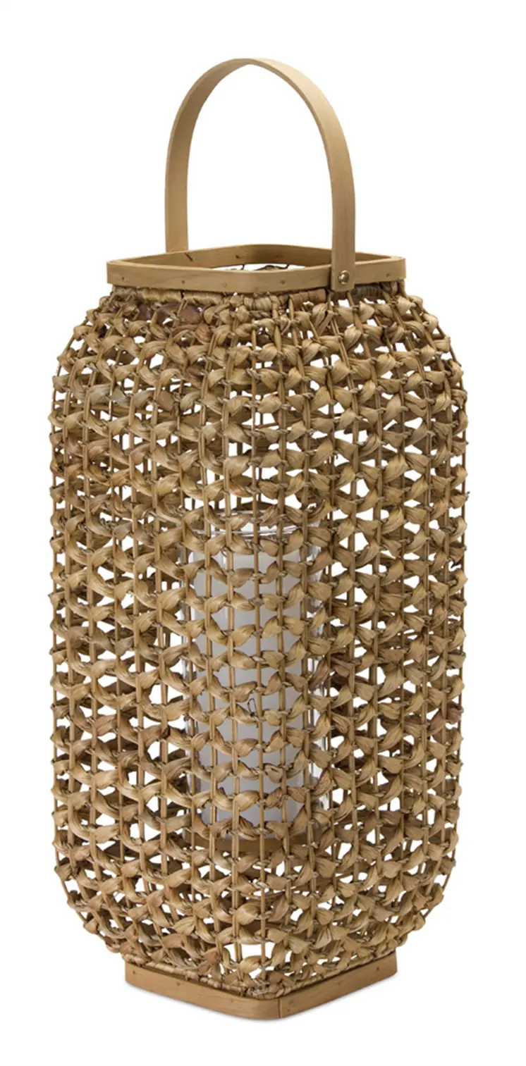 20" Natural Distressed Woven Glass And Wicker Floor Lantern Candle Holder
