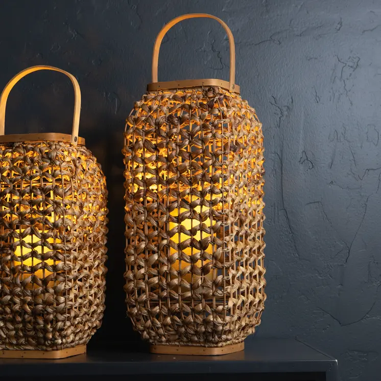 20" Natural Distressed Woven Glass And Wicker Floor Lantern Candle Holder