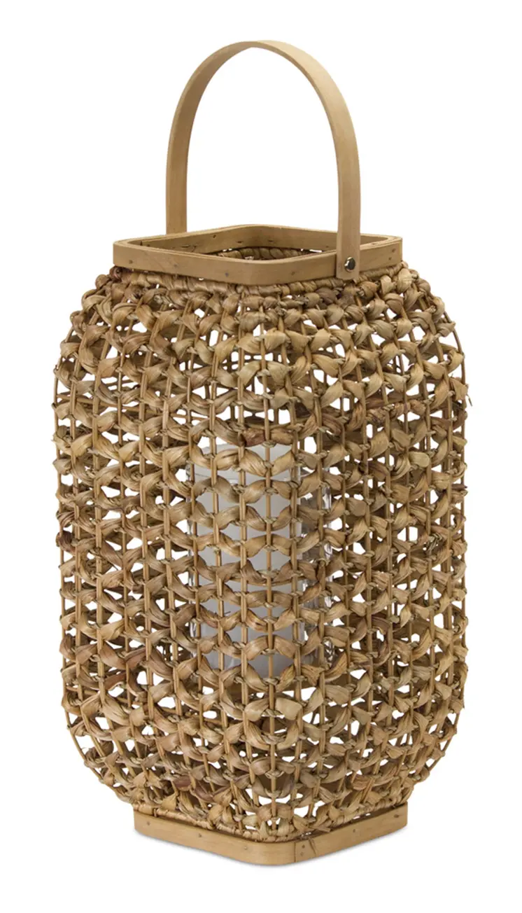 16" Natural Distressed Woven Glass And Wicker Floor Lantern Candle Holder