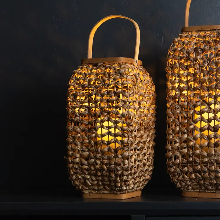 16" Natural Distressed Woven Glass And Wicker Floor Lantern Candle Holder