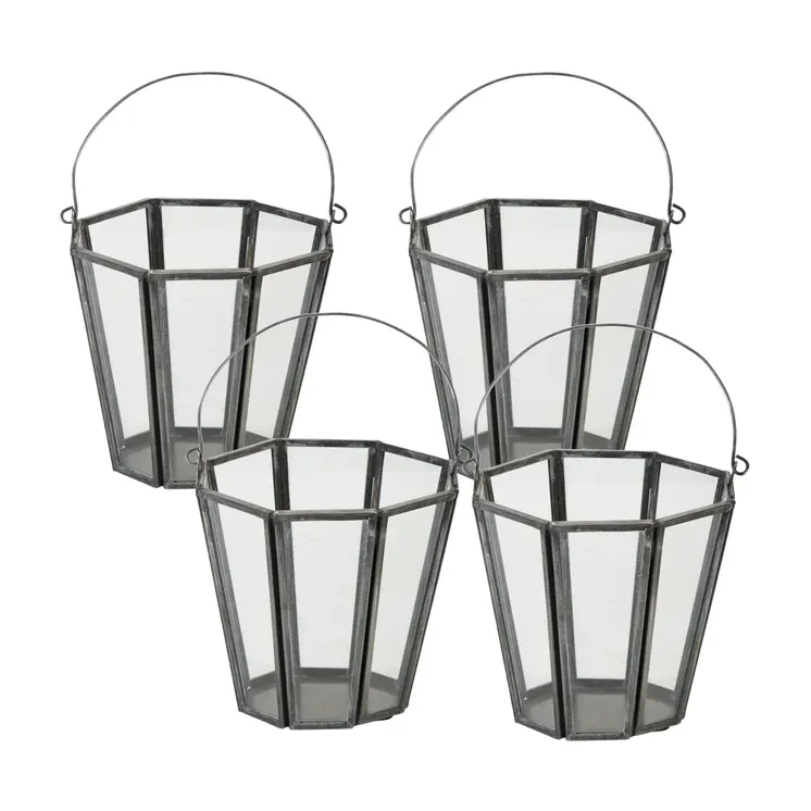Set of Four Gray Distressed Geometric Iron And Glass Tabletop Votive Candle Holders