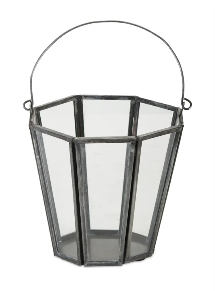 Set of Four Gray Distressed Geometric Iron And Glass Tabletop Votive Candle Holders