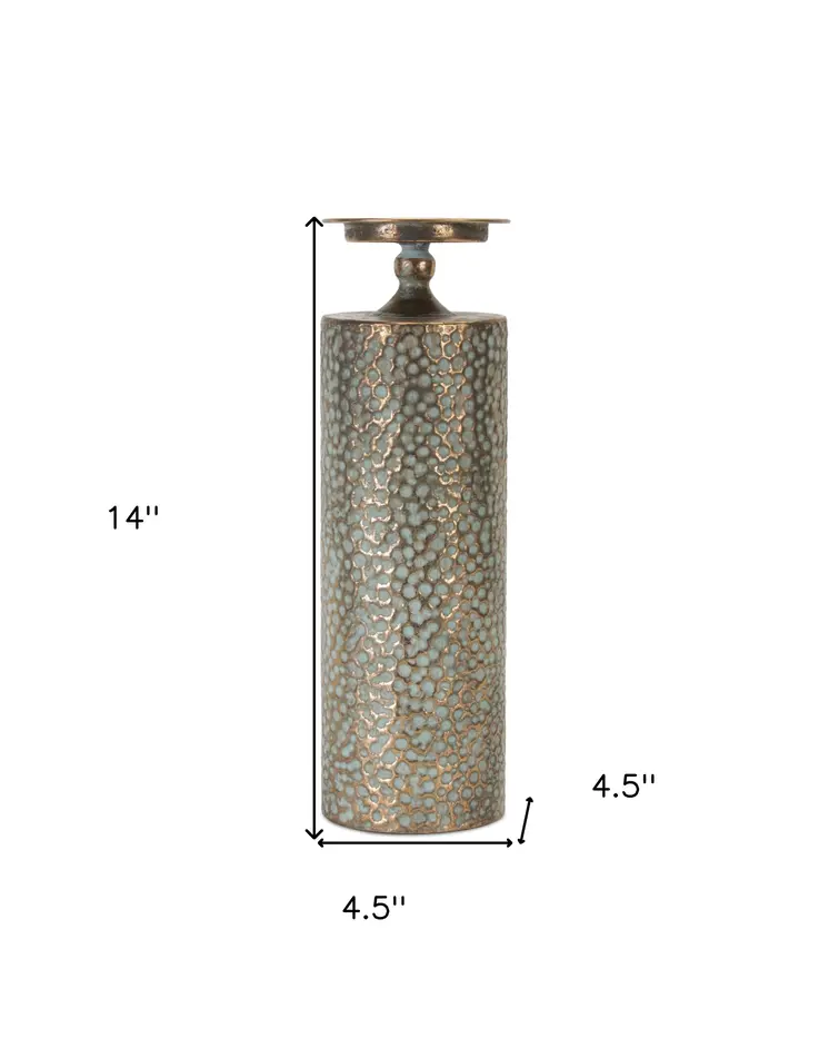 Set of Three Bronze Distressed Abstract Metal Tabletop Pillar Candle Holders