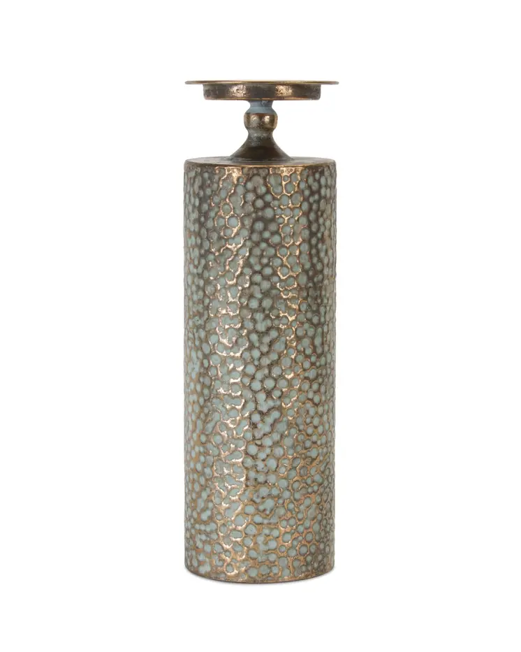 Set of Three Bronze Distressed Abstract Metal Tabletop Pillar Candle Holders