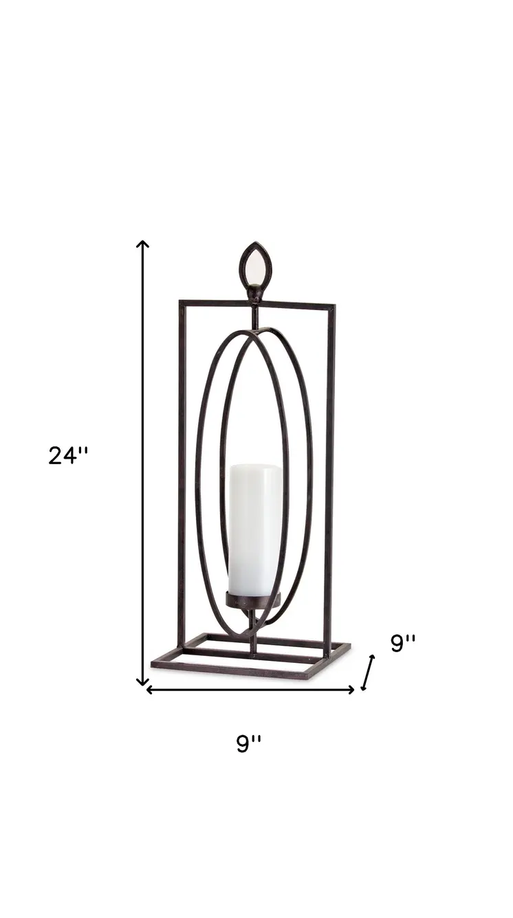 Set of Two Black Distressed Ornate Iron Tabletop Hurricane Candle Holders