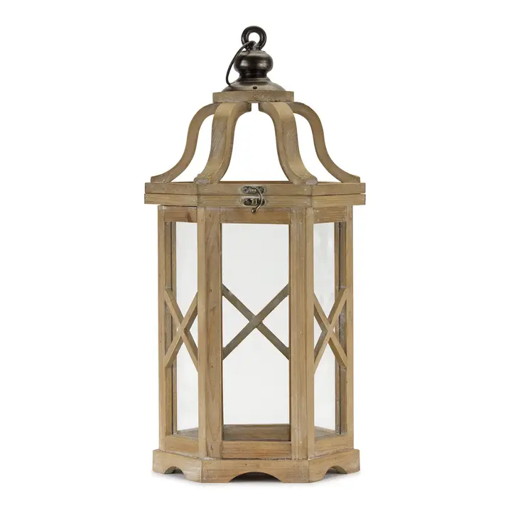 Set of Two Natural And Brown Distressed Geometric Wood And Metal Floor Lantern Candle Holders