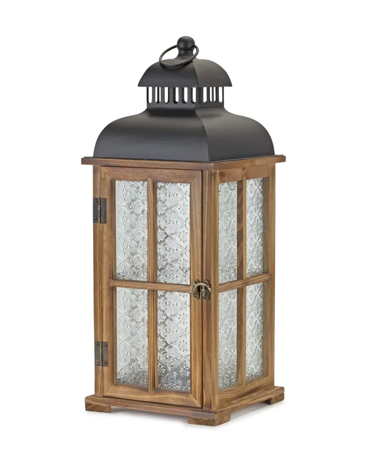 Set of Two Brown and Black Frosted Glass Wood and Metal Floor Lantern Candle Holders