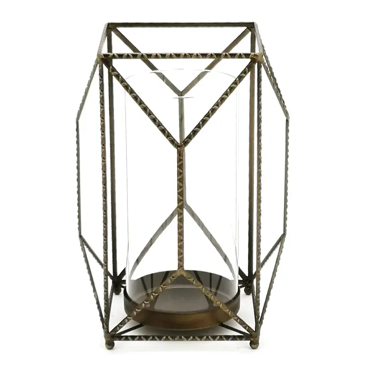 12" Gold Distressed Geometric Iron And Glass Floor Hurricane Candle Holder