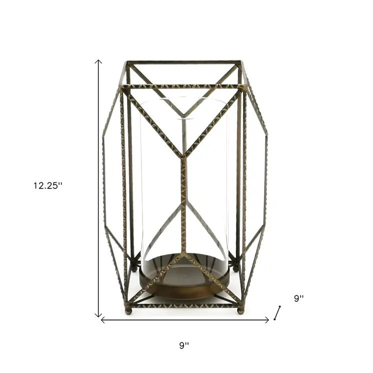 12" Gold Distressed Geometric Iron And Glass Floor Hurricane Candle Holder