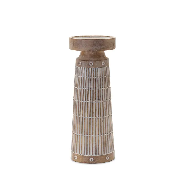 Set of Three Natural And White Distressed Geometric Polyresin Tabletop Pillar Candle Holders