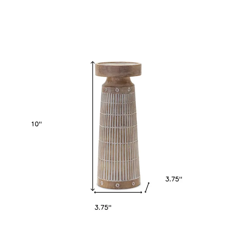 Set of Three Natural And White Distressed Geometric Polyresin Tabletop Pillar Candle Holders