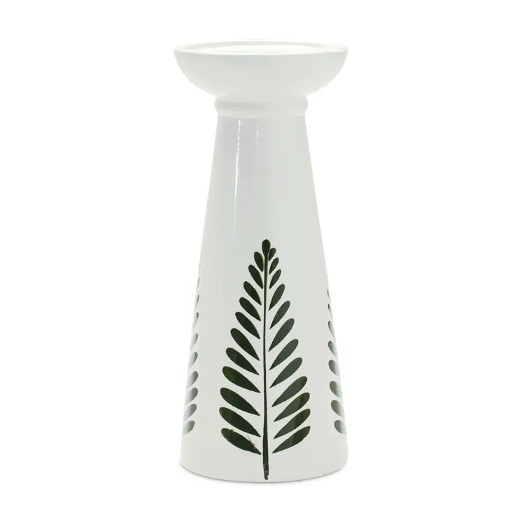 Set of Two Green And White Distressed Botanical Leaf Ceramic Tabletop Pillar Candle Holders