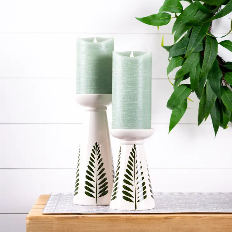 Set of Two Green And White Distressed Botanical Leaf Ceramic Tabletop Pillar Candle Holders