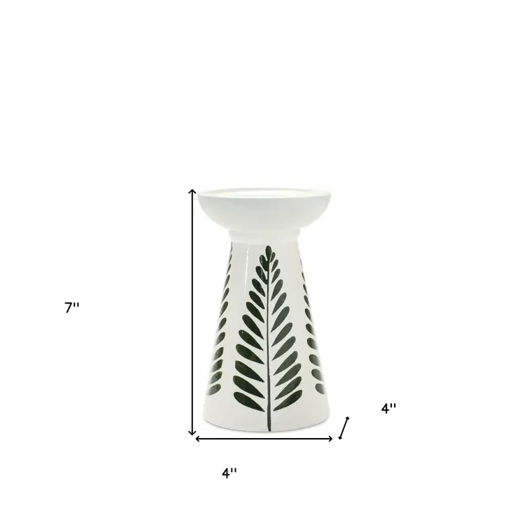 Set of Two Green And White Distressed Botanical Leaf Ceramic Tabletop Pillar Candle Holders