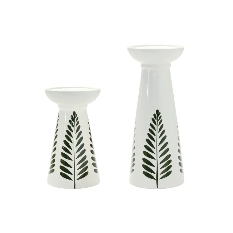 Set of Two Green And White Distressed Botanical Leaf Ceramic Tabletop Pillar Candle Holders