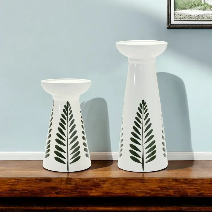 Set of Two Green And White Distressed Botanical Leaf Ceramic Tabletop Pillar Candle Holders