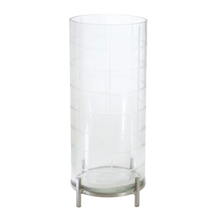 12" Silver And Clear Geometric Iron And Glass Tabletop Hurricane Candle Holder