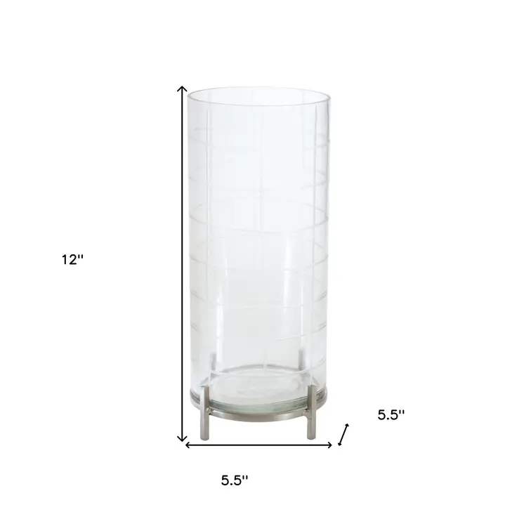 12" Silver And Clear Geometric Iron And Glass Tabletop Hurricane Candle Holder