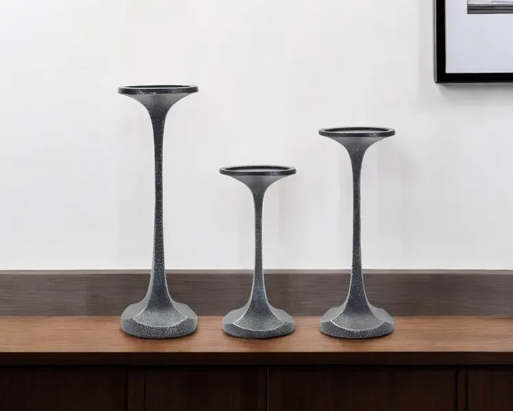 Set of Three Dark Gray Distressed Abstract Polyresin Tabletop Pillar Candle Holders