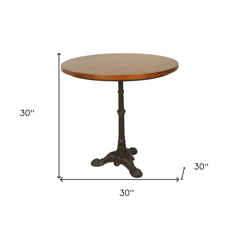 30" Chestnut And Black Rounded Solid Wood And Iron Pedestal Base Dining Table