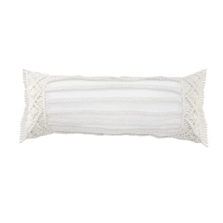 14" X 36" White Textured Indoor Outdoor Throw Pillow With Fringe