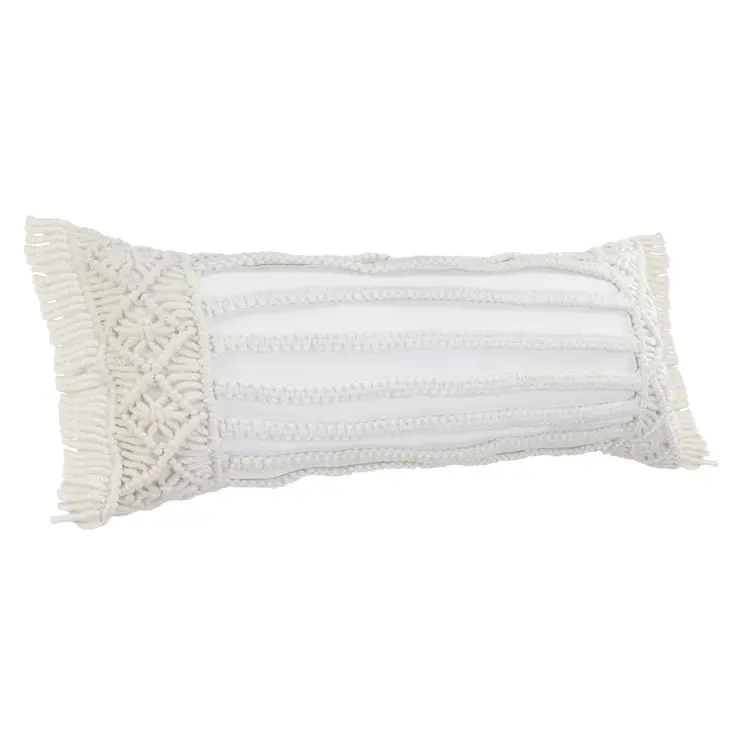 14" X 36" White Textured Indoor Outdoor Throw Pillow With Fringe