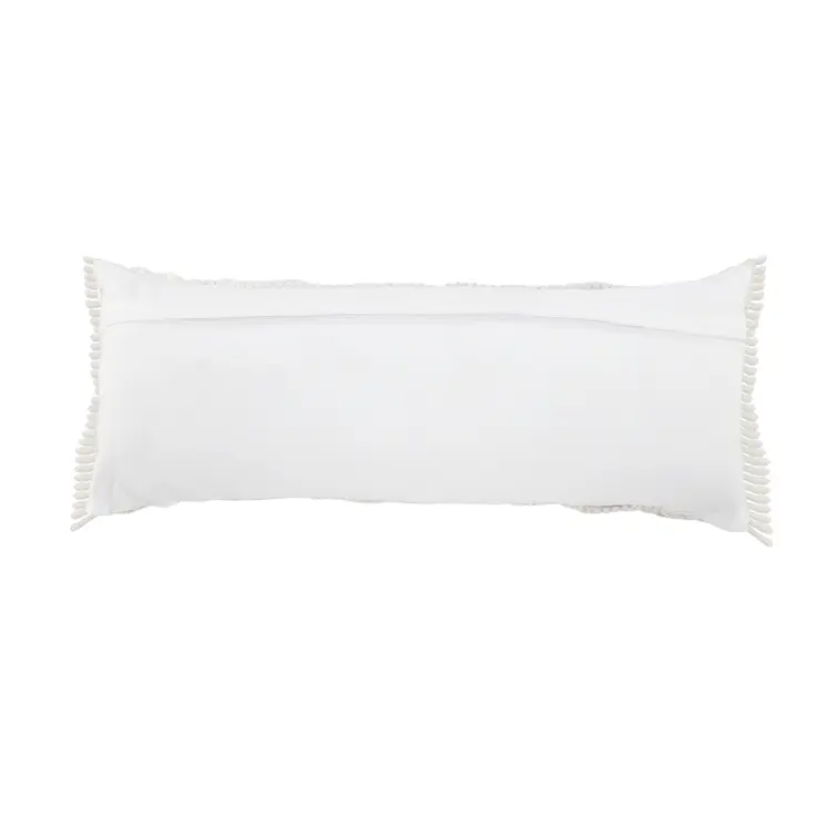 14" X 36" White Textured Indoor Outdoor Throw Pillow With Fringe