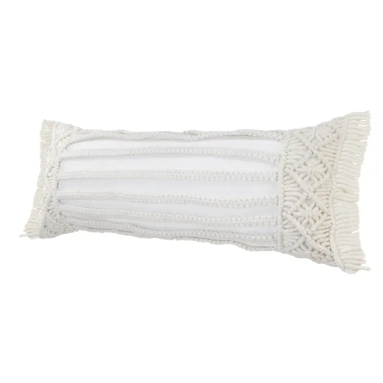 14" X 36" White Textured Indoor Outdoor Throw Pillow With Fringe