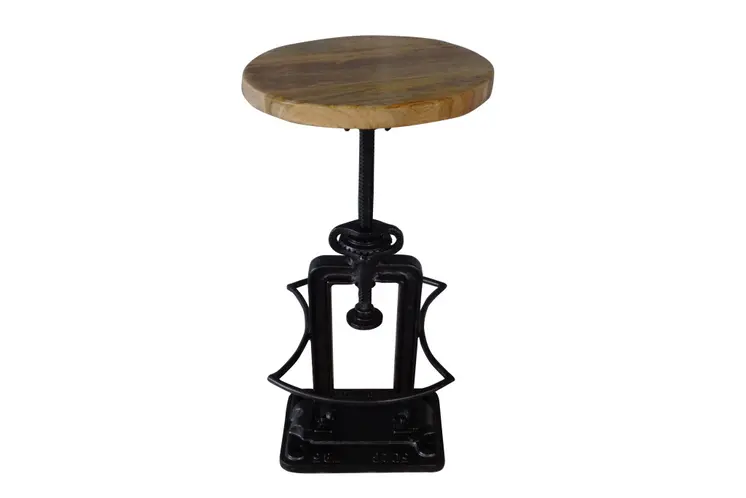 Natural and Black Solid Wood and Iron Backless Adjustable Height Bar Chair