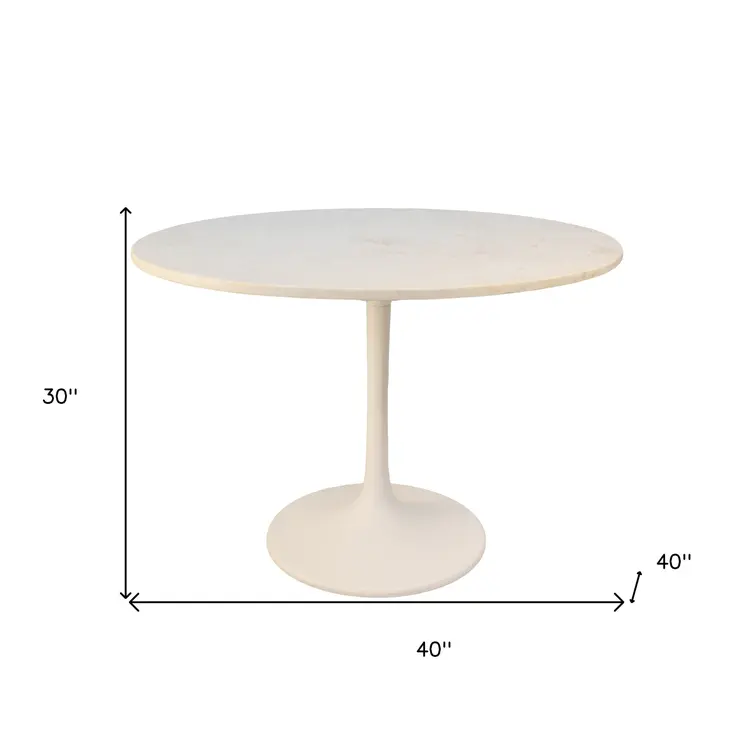 40" White Rounded Marble And Iron Pedestal Base Dining Table