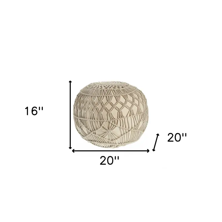20" Cream Cotton Tufted Round Geometric Pouf Ottoman