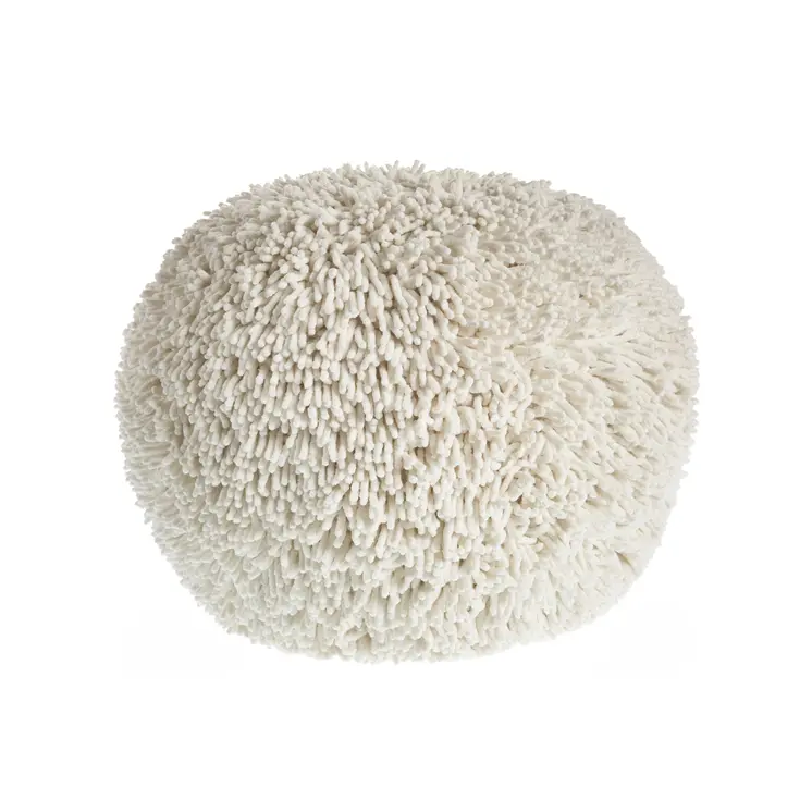 20" Cream Cotton Tufted Round Geometric Pouf Ottoman