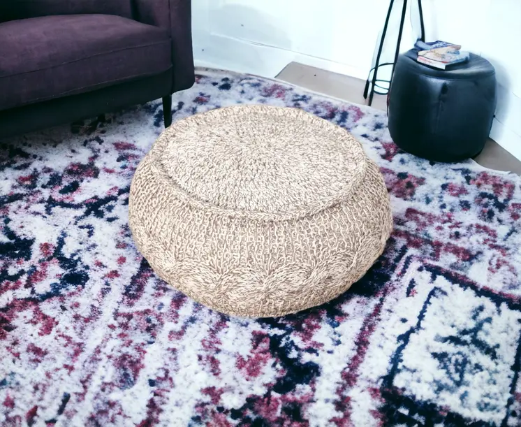 20" Beige Cotton Round Geometric Pouf Ottoman