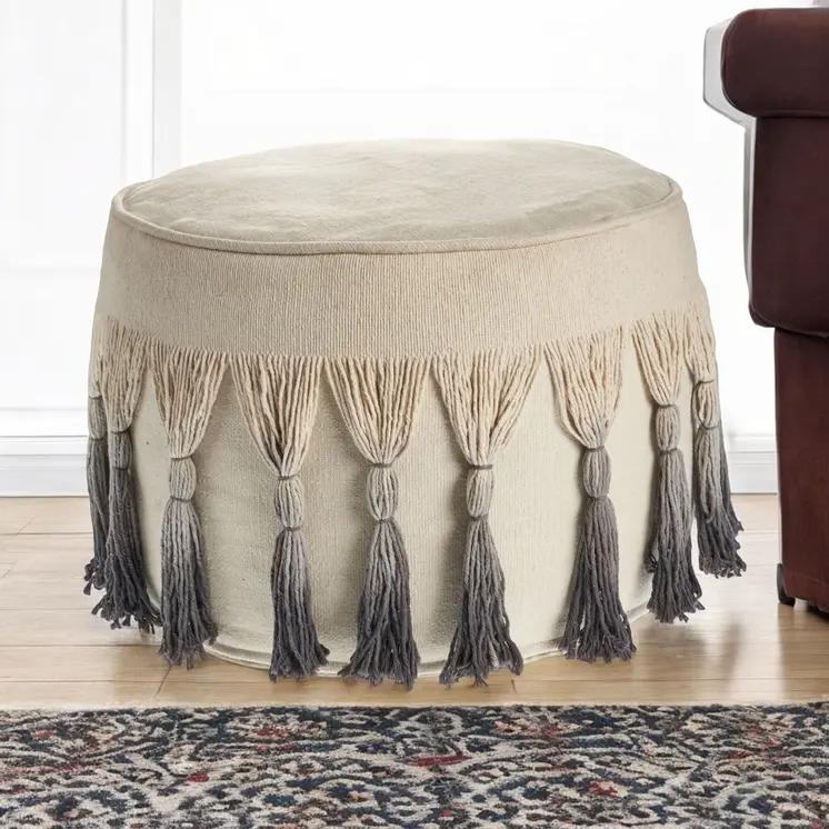 20" Beige Cotton Round Ombre Pouf Ottoman