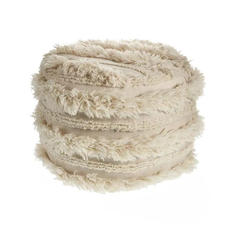 18" Ivory Cotton Round Striped Pouf Ottoman