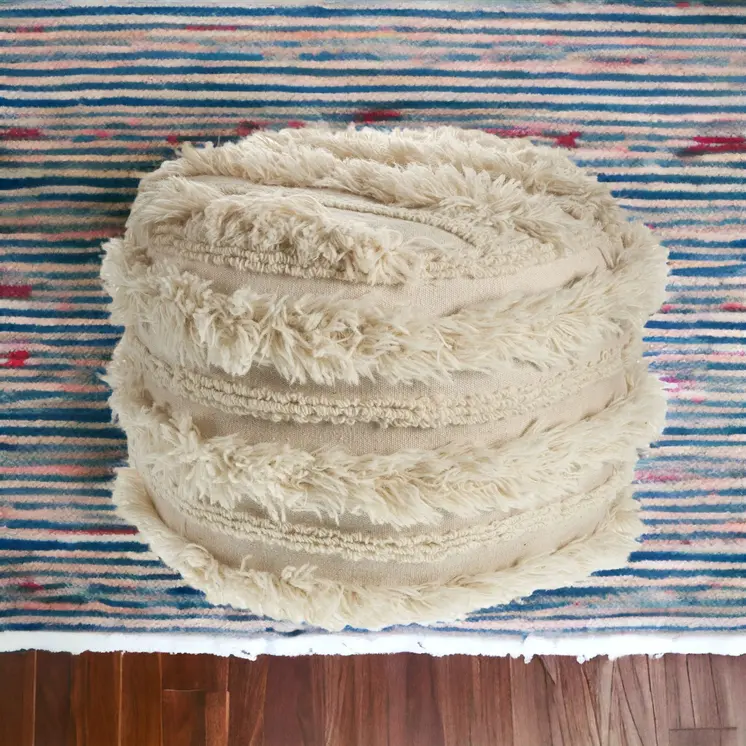 18" Ivory Cotton Round Striped Pouf Ottoman