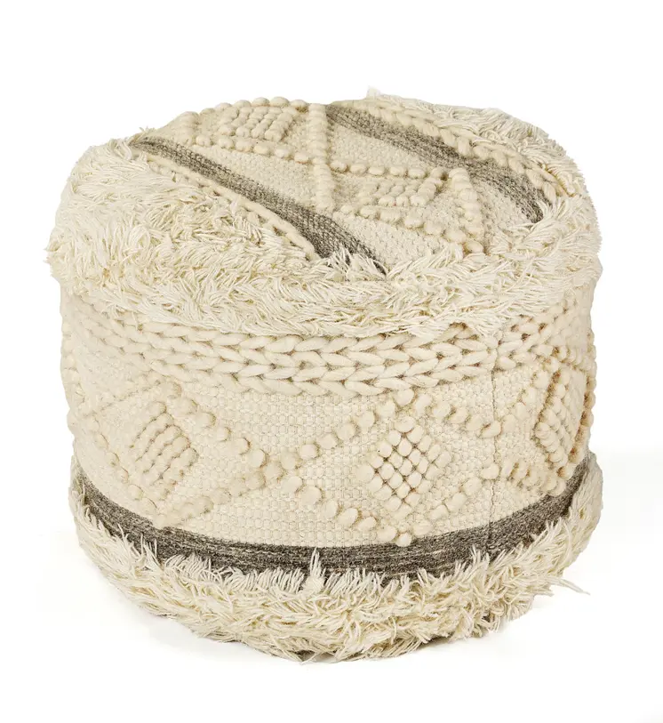 18" Cream Wool Cotton Blend Round Geometric Pouf Ottoman