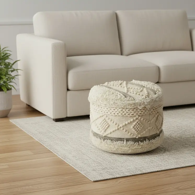 18" Cream Wool Cotton Blend Round Geometric Pouf Ottoman