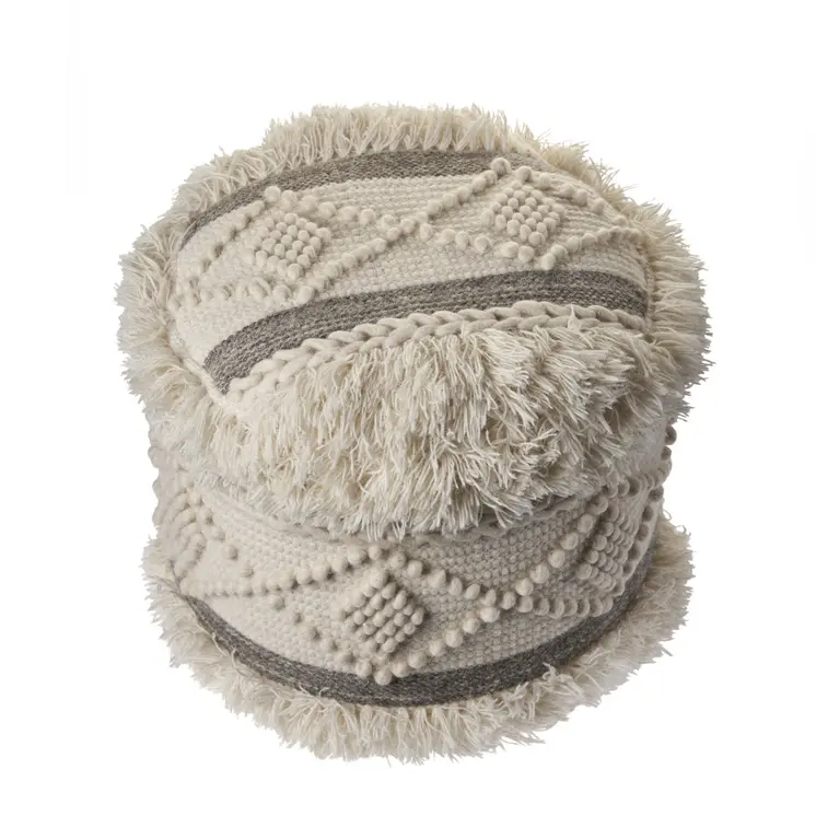 18" Cream Wool Cotton Blend Round Geometric Pouf Ottoman