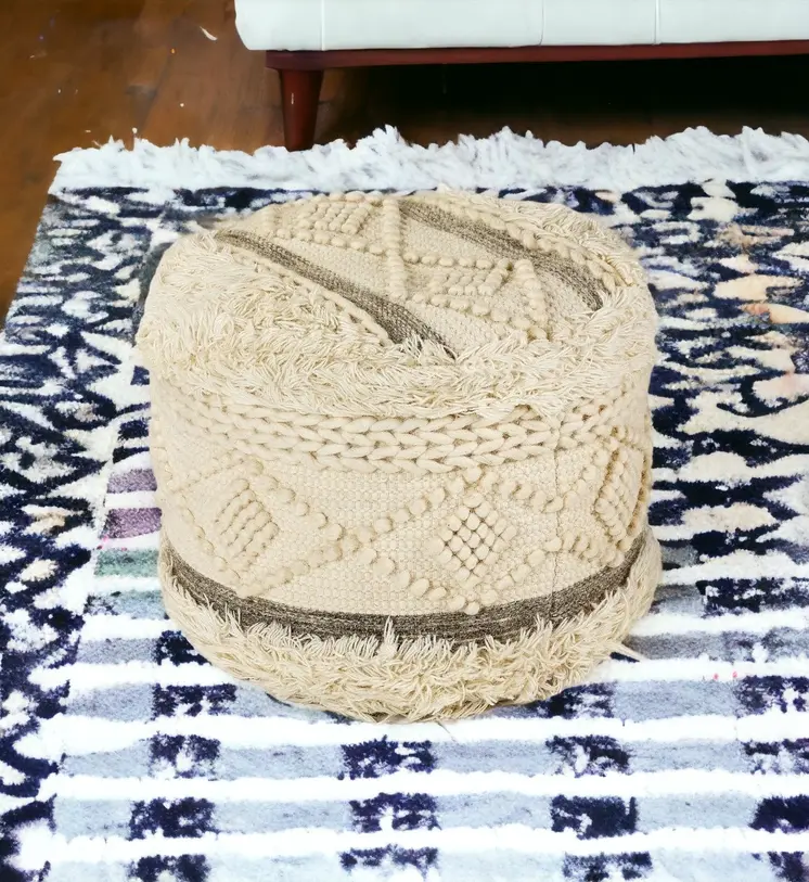 18" Cream Wool Cotton Blend Round Geometric Pouf Ottoman