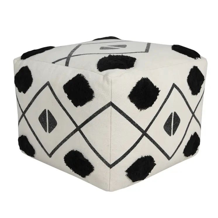 18" White Cotton Geometric Pouf Ottoman