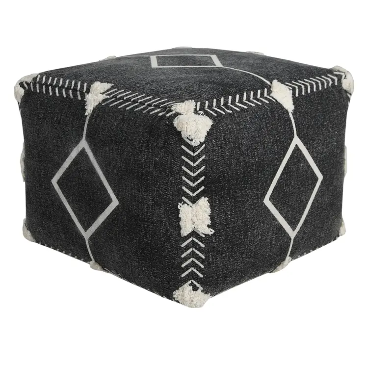 18" Black Cotton Geometric Pouf Ottoman