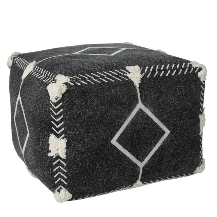 18" Black Cotton Geometric Pouf Ottoman
