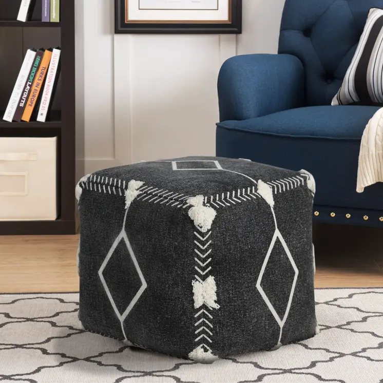18" Black Cotton Geometric Pouf Ottoman