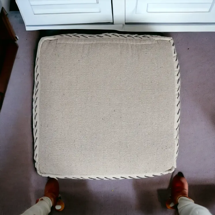 18" White Cotton Striped Pouf Ottoman