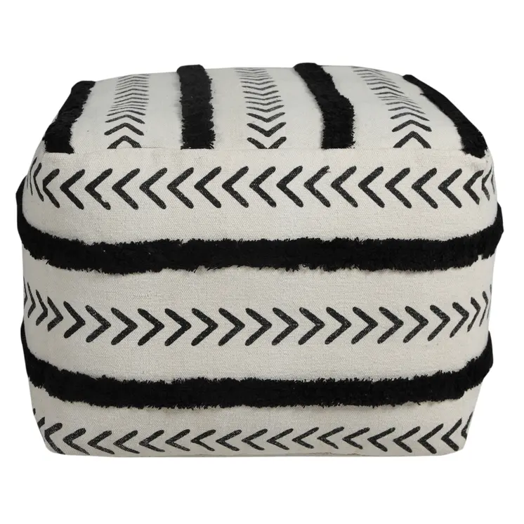 18" White Cotton Striped Pouf Ottoman