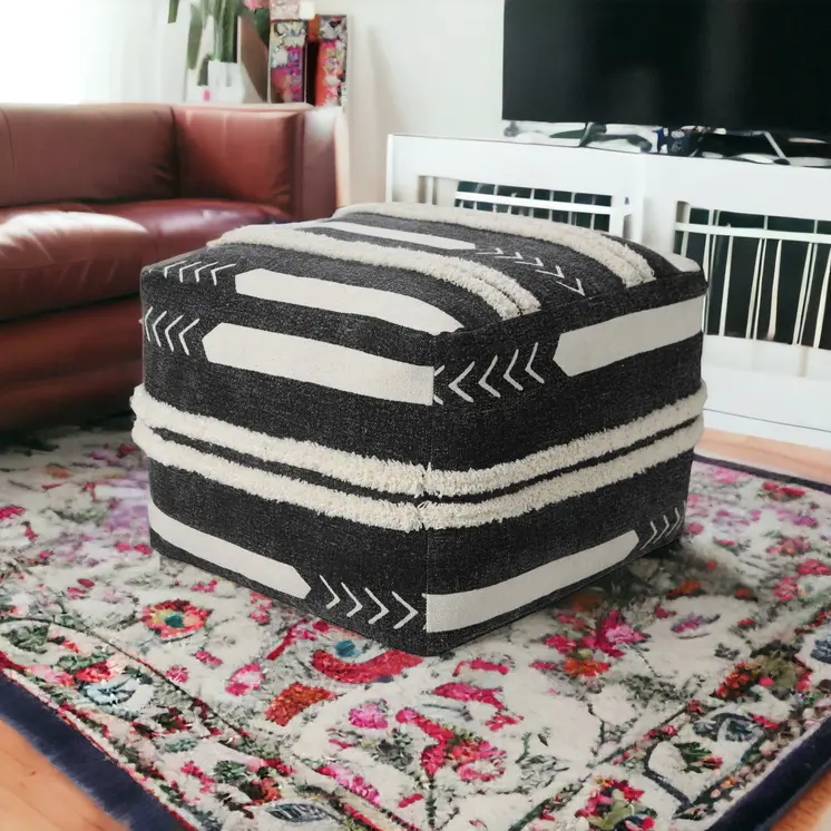 18" Black Cotton Geometric Pouf Ottoman
